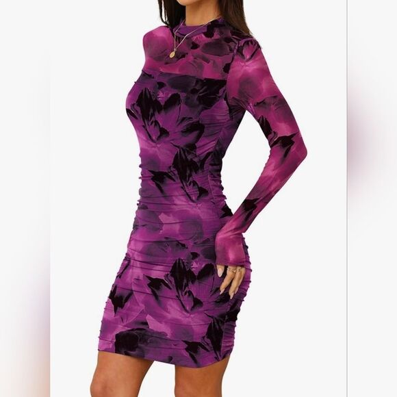 🔸️NWT Fuchsia Floral Bodycon Long Sleeve Dress Small - Picture 4 of 11